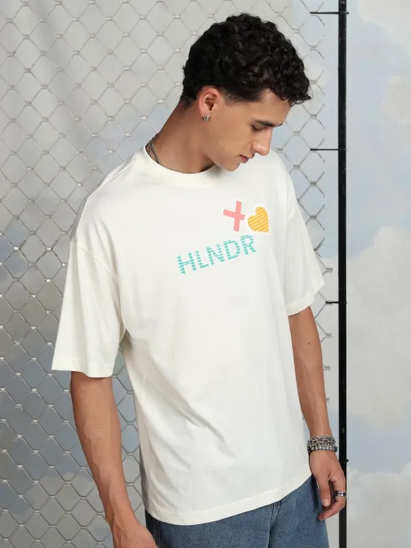 Highlander Men Off White Printed Round Neck Oversized Fit T-Shirt