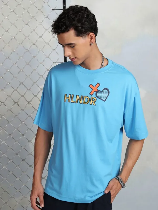 Highlander Men Turquoise Printed Round Neck Oversized Fit T-Shirt