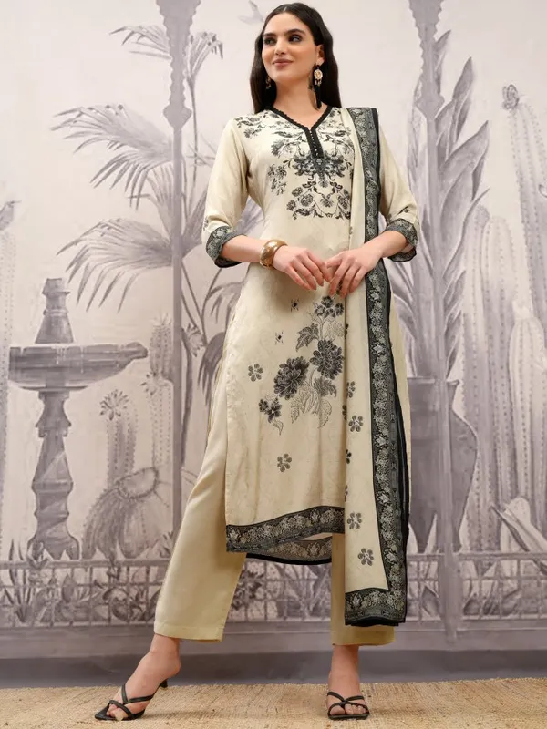 Vishudh Women Cream Printed Kurta With Trousers And Dupatta