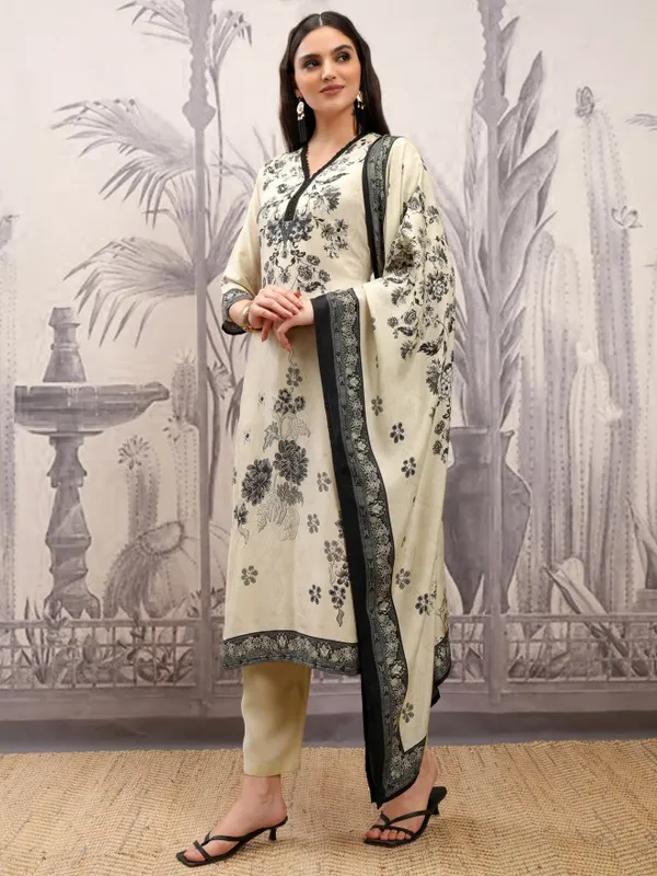 Vishudh Women Cream Printed Kurta With Trousers And Dupatta
