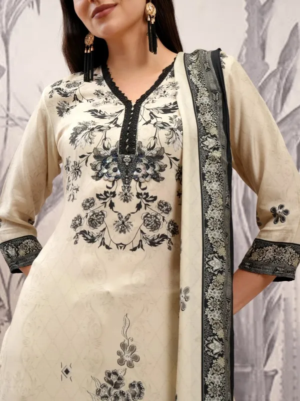 Vishudh Women Cream Printed Kurta With Trousers And Dupatta