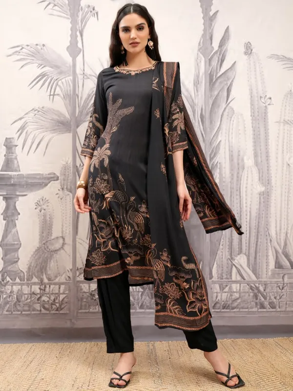 Vishudh Women Black Printed Kurta With Trousers And Dupatta