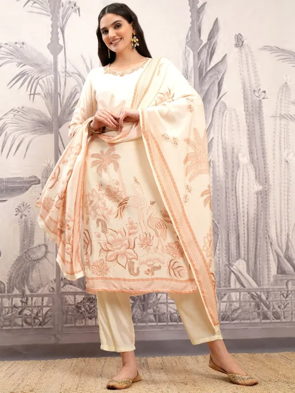 Vishudh Women Cream Printed Kurta With Trousers And Dupatta