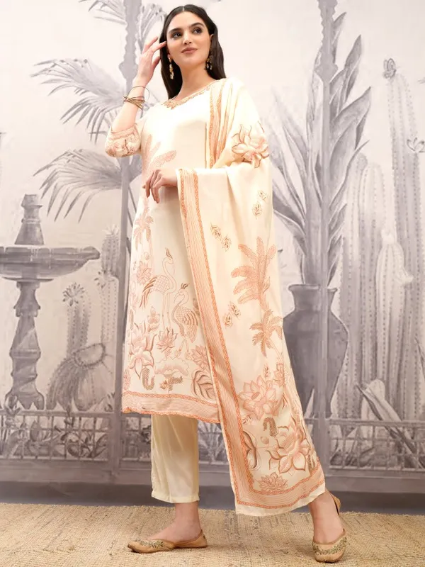 Vishudh Women Cream Printed Kurta With Trousers And Dupatta