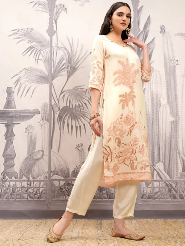 Vishudh Women Cream Printed Kurta With Trousers And Dupatta