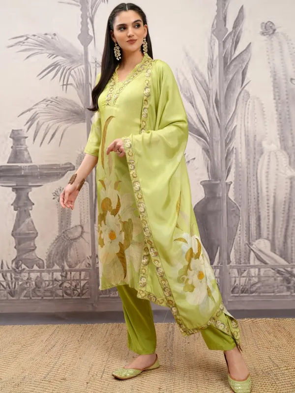 Vishudh Women Green Printed Kurta With Trousers And Dupatta