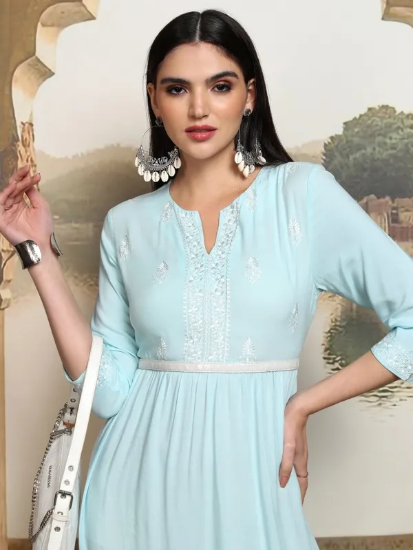 Vishudh Women Blue Embroidered Fit and Flare Dress
