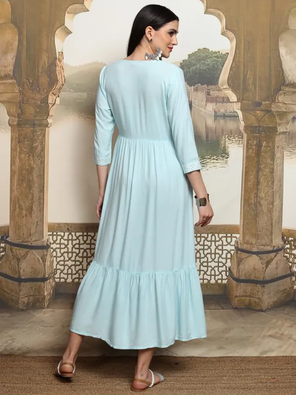 Vishudh Women Blue Embroidered Fit and Flare Dress