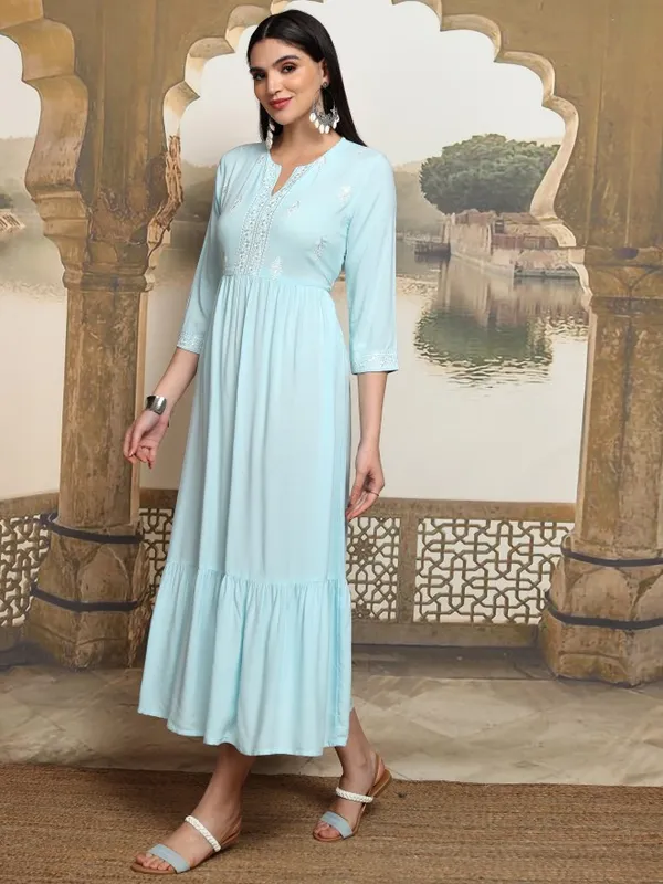 Vishudh Women Blue Embroidered Fit and Flare Dress