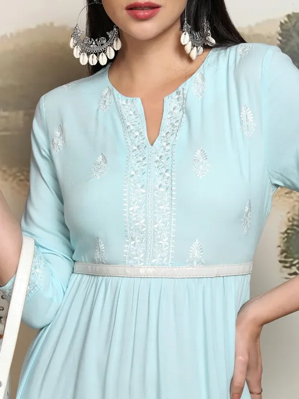 Vishudh Women Blue Embroidered Fit and Flare Dress