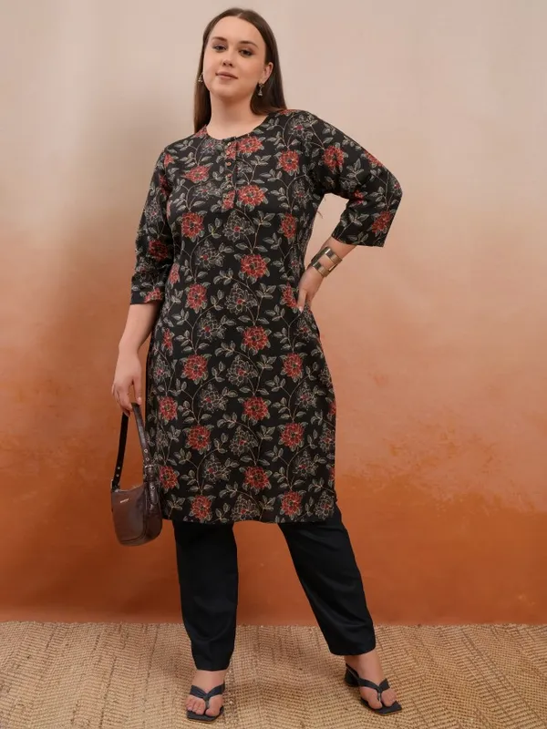 Vishudh Women Black Printed Straight Kurta