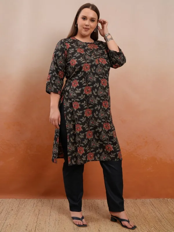 Vishudh Women Black Printed Straight Kurta