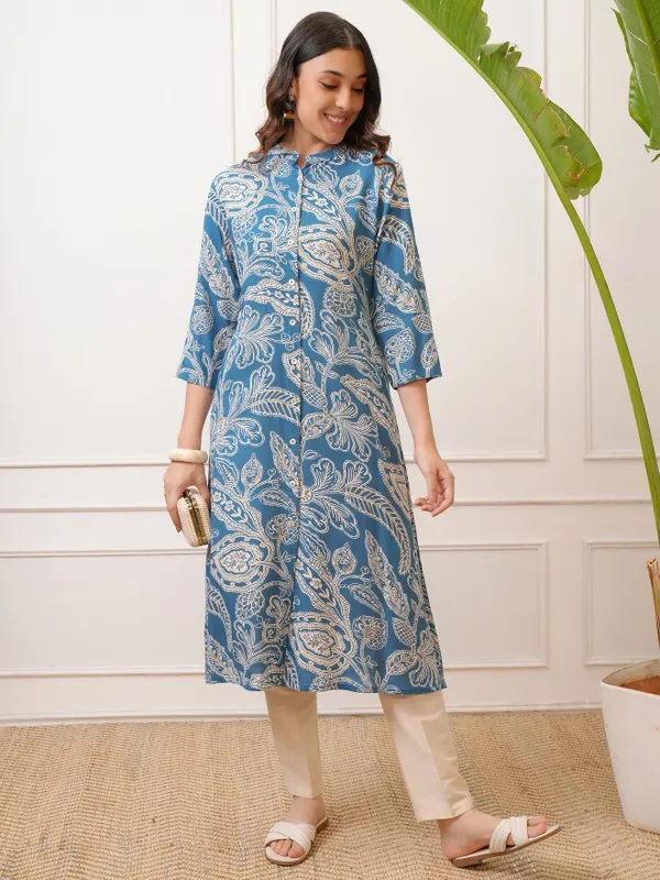 Vishudh Women Blue Printed A-Line Kurta