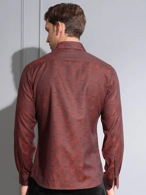 Locomotive Premium Men Maroon Jacquard Textured Occasion Shirt