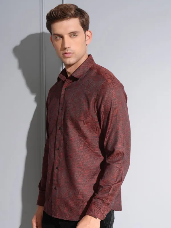 Locomotive Premium Men Maroon Jacquard Textured Occasion Shirt