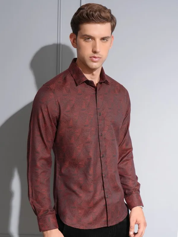 Locomotive Premium Men Maroon Jacquard Textured Occasion Shirt
