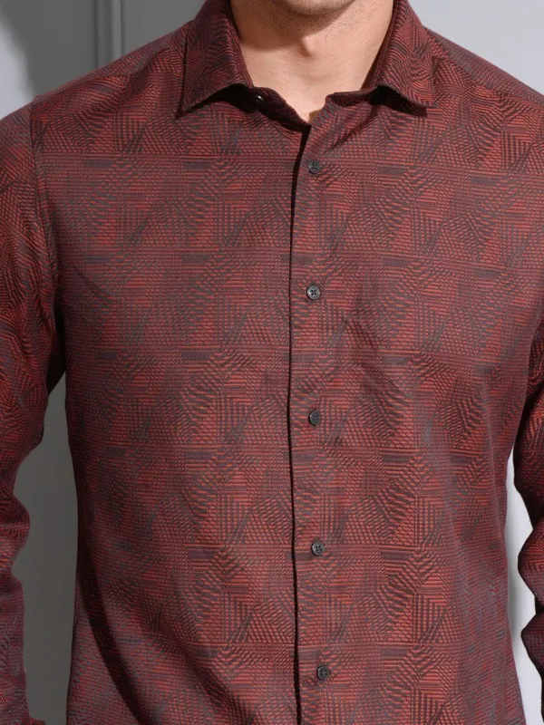 Locomotive Premium Men Maroon Jacquard Textured Occasion Shirt