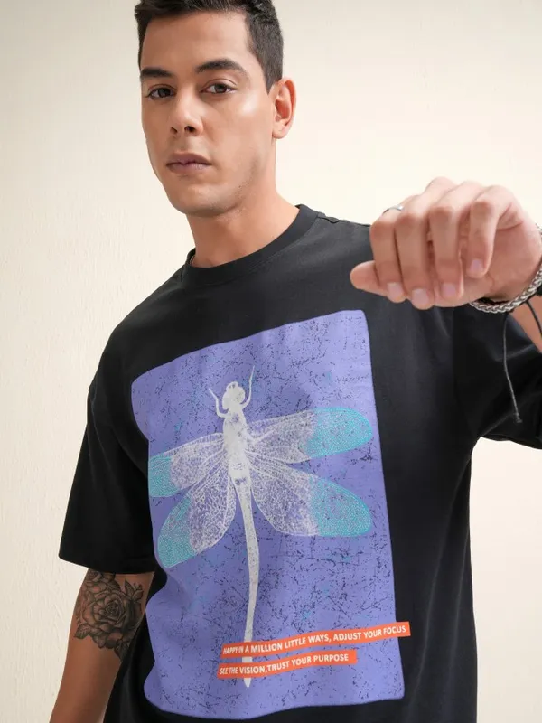 Locomotive Men Black Printed Round Neck Oversized Fit T-Shirt