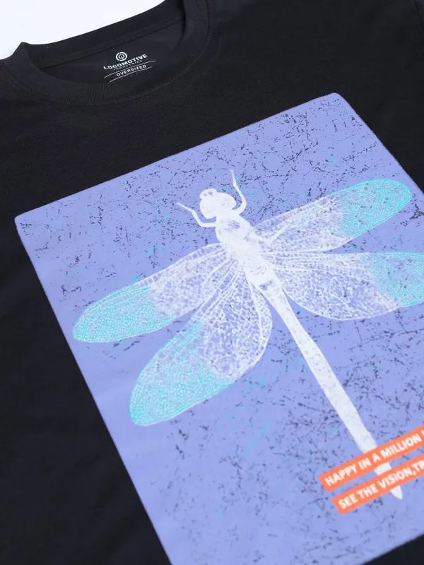 Locomotive Men Black Printed Round Neck Oversized Fit T-Shirt