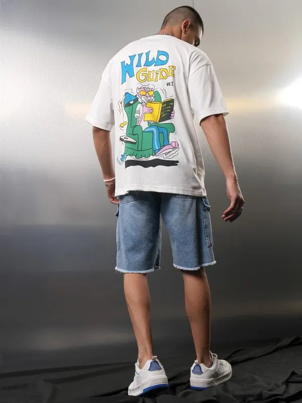 Highlander Men White Printed Round Neck Oversized Fit T-Shirt