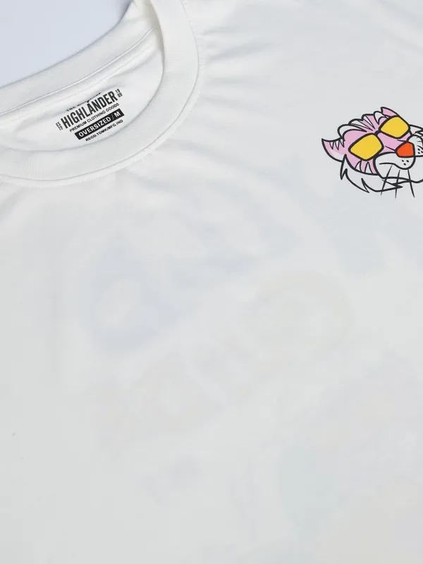 Highlander Men White Printed Round Neck Oversized Fit T-Shirt