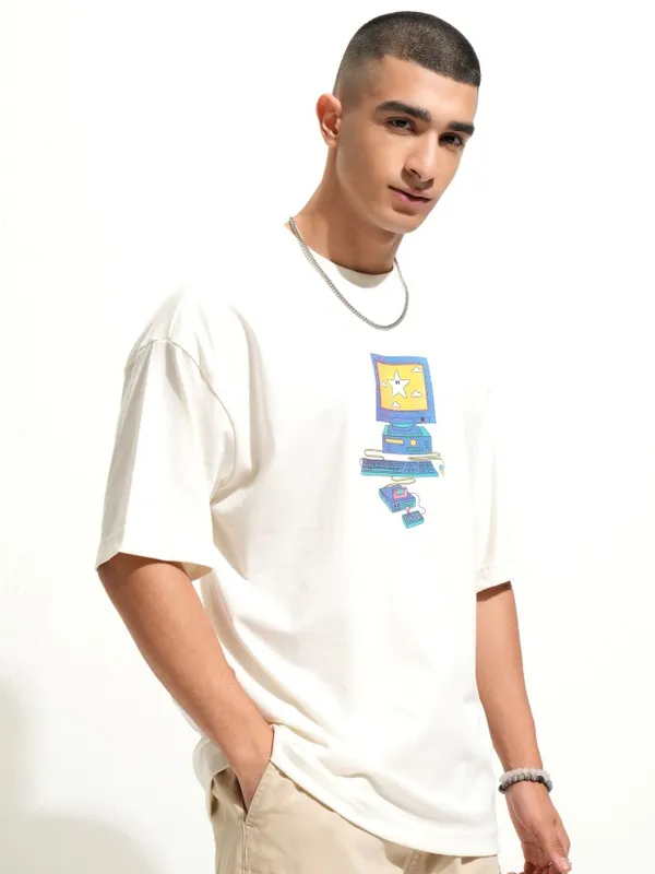 Highlander Men Off White Printed Round Neck Oversized Fit T-Shirt