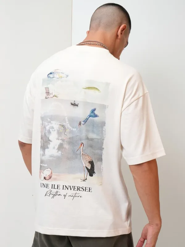 Highlander Men Off White Printed Oversized Fit Round Neck T-Shirt