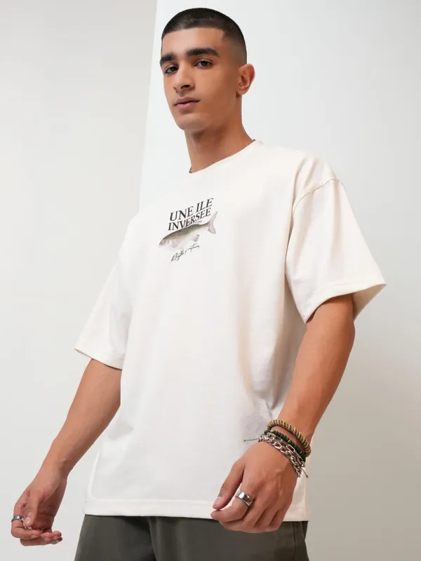 Highlander Men Off White Printed Oversized Fit Round Neck T-Shirt