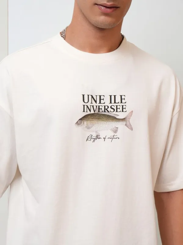 Highlander Men Off White Printed Oversized Fit Round Neck T-Shirt
