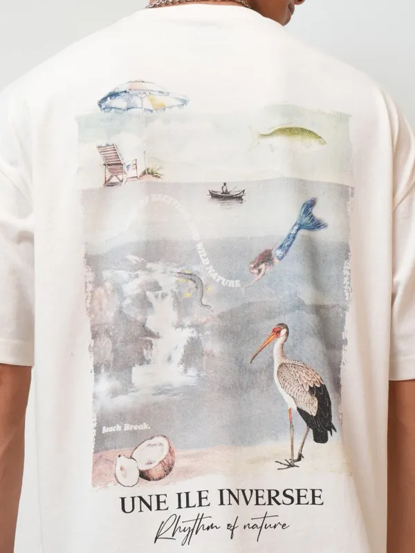 Highlander Men Off White Printed Oversized Fit Round Neck T-Shirt