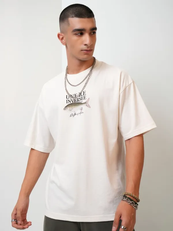 Highlander Men Off White Printed Oversized Fit Round Neck T-Shirt