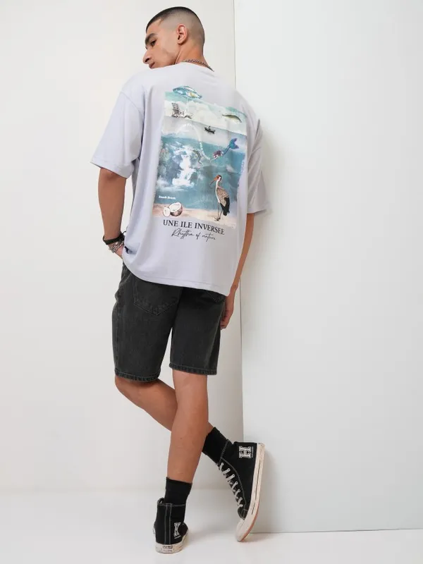 Highlander Men Grey Printed Oversized Fit Round Neck T-Shirt