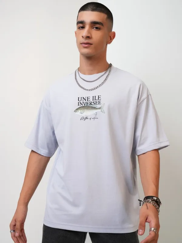 Highlander Men Grey Printed Oversized Fit Round Neck T-Shirt