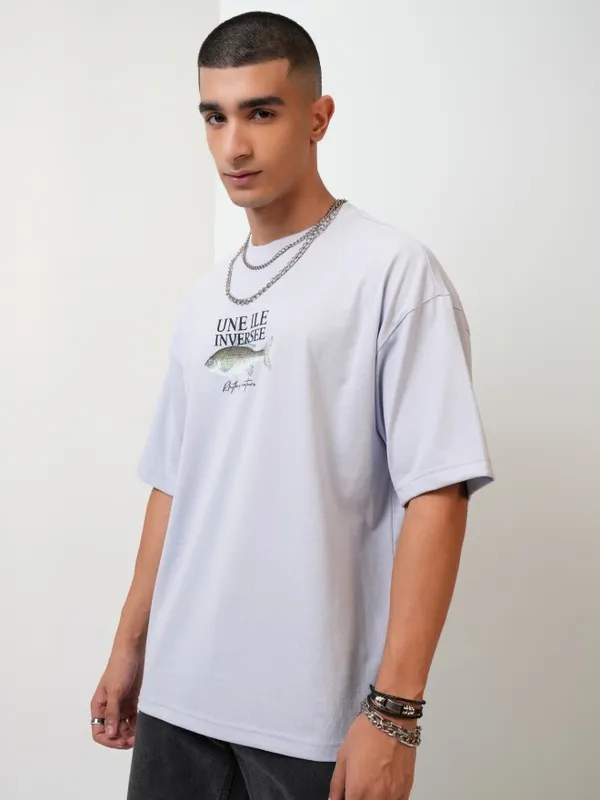 Highlander Men Grey Printed Oversized Fit Round Neck T-Shirt