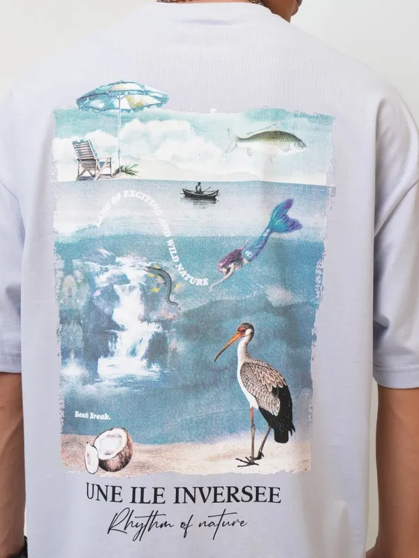Highlander Men Grey Printed Oversized Fit Round Neck T-Shirt