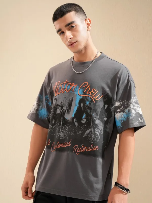 Highlander Men Grey Printed Oversized Fit T-Shirt