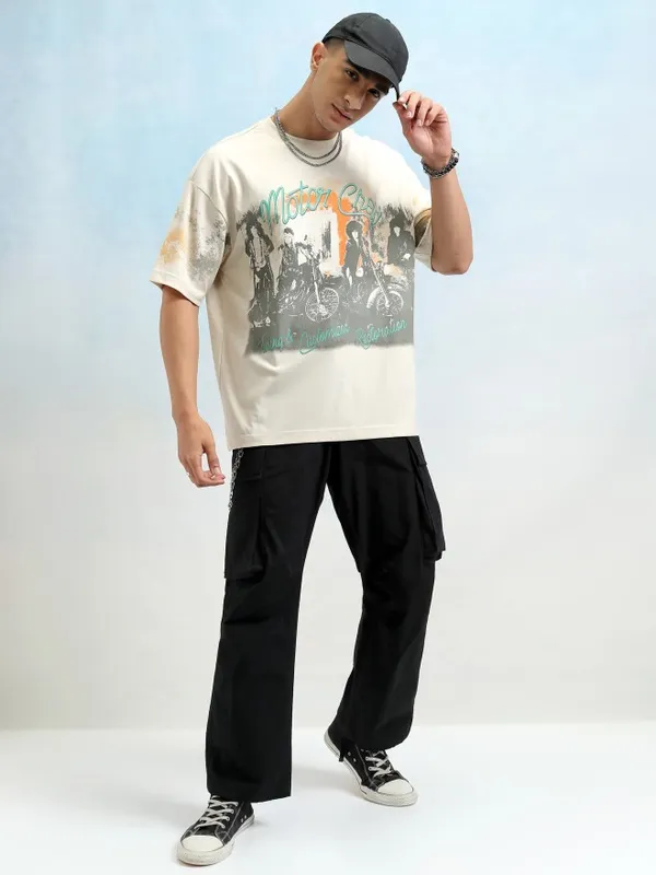 Highlander Men Cream Graphic Printed Drop Shoulder Oversized Tshirt