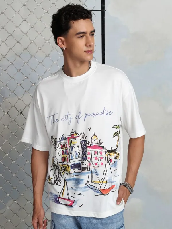 Highlander Men White Printed Round Neck T-Shirt