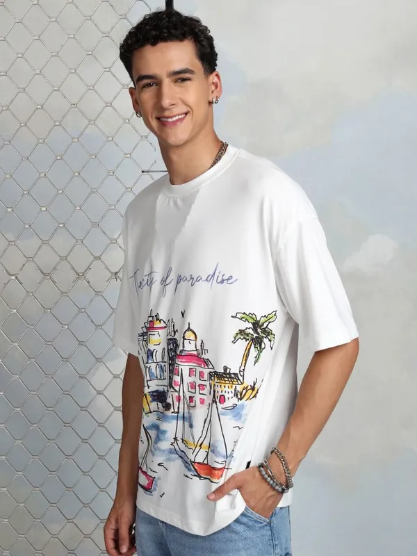 Highlander Men White Printed Round Neck T-Shirt