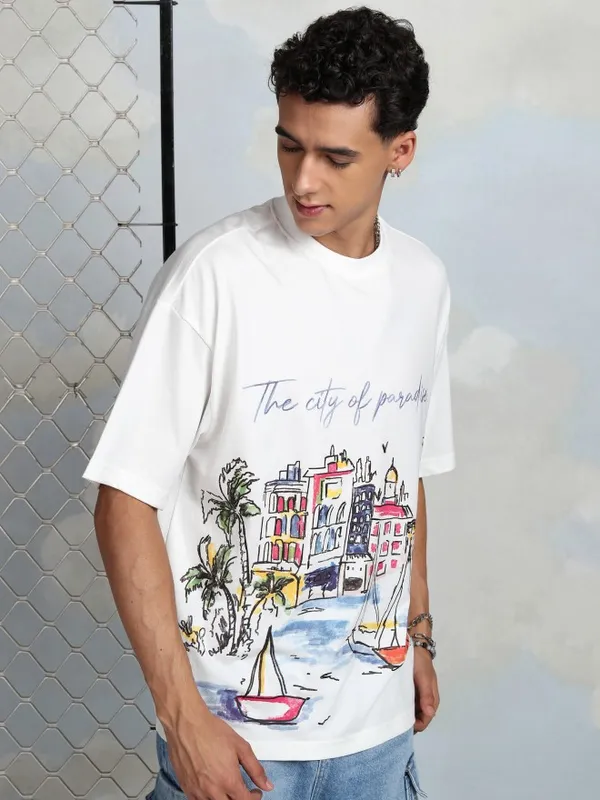 Highlander Men White Printed Round Neck T-Shirt