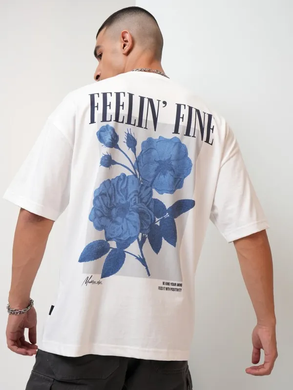 Highlander Men White Printed Oversized Fit Round Neck T-Shirt