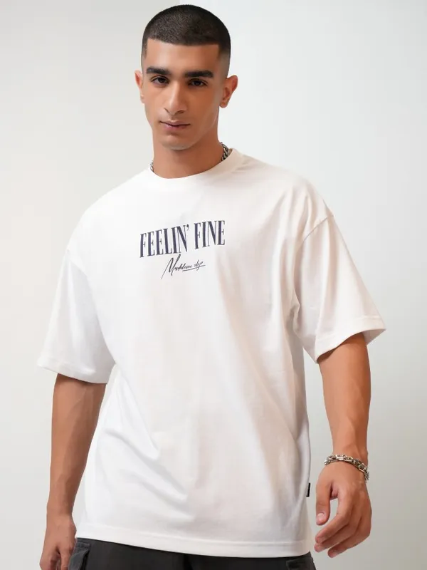 Highlander Men White Printed Oversized Fit Round Neck T-Shirt