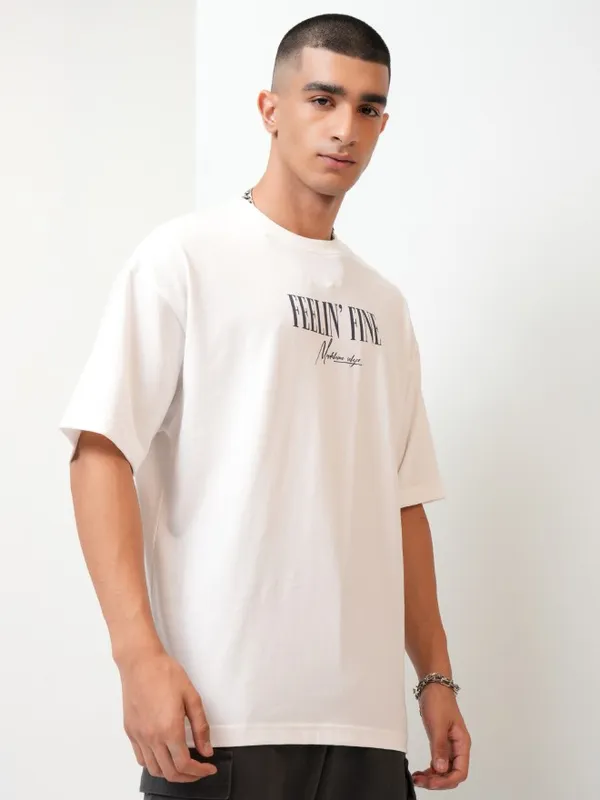 Highlander Men White Printed Oversized Fit Round Neck T-Shirt