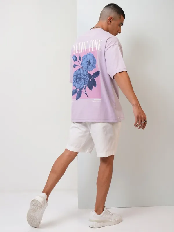 Highlander Men Mauve Printed Oversized Fit Round Neck T-Shirt