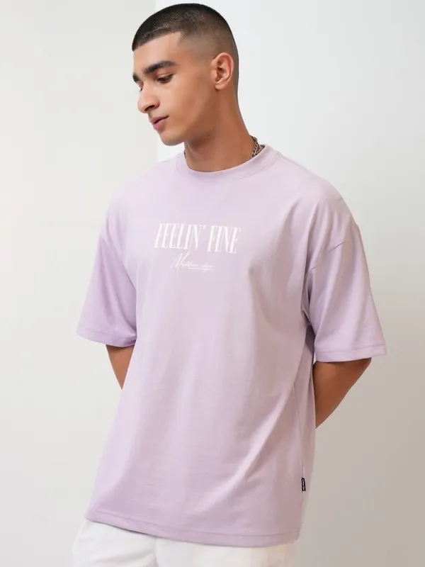 Highlander Men Mauve Printed Oversized Fit Round Neck T-Shirt