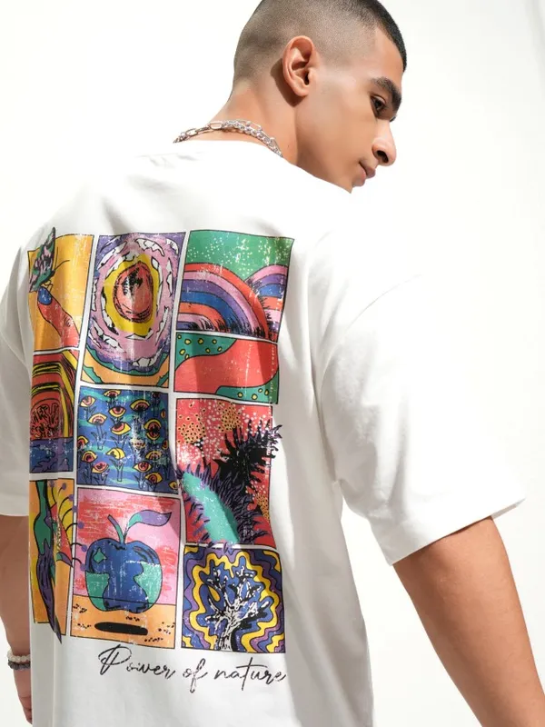 Highlander Men White Printed Round Neck Oversized Fit T-Shirt