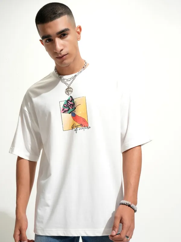 Highlander Men White Printed Round Neck Oversized Fit T-Shirt