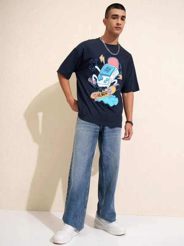 Highlander Men Navy Blue Printed Oversized Fit T-Shirt