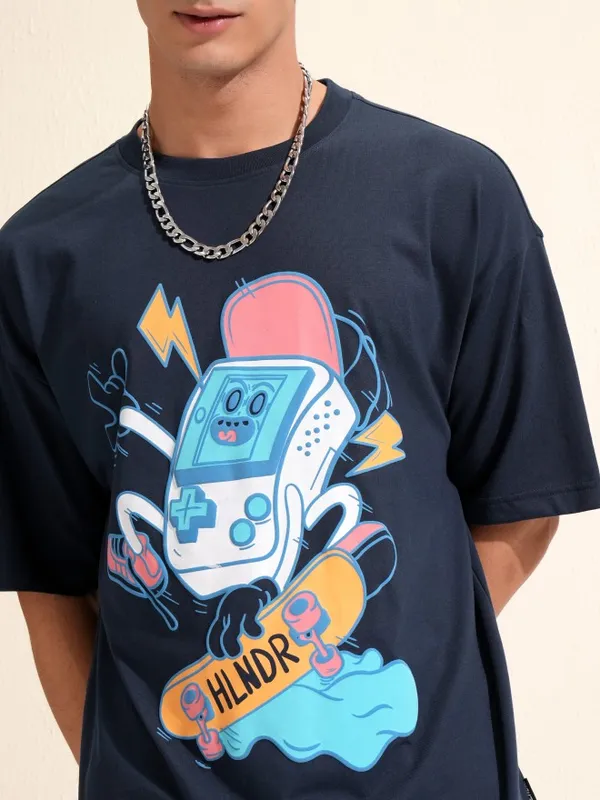 Highlander Men Navy Blue Printed Oversized Fit T-Shirt