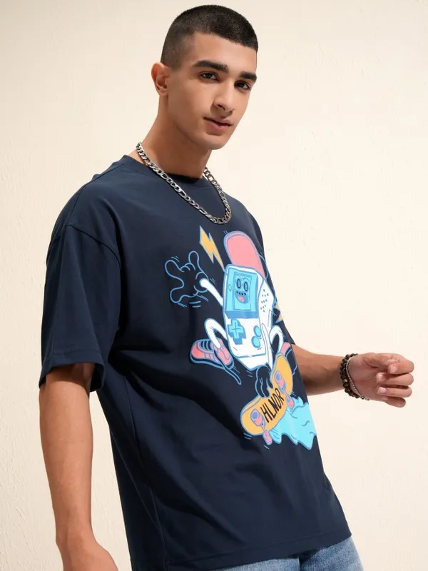Highlander Men Navy Blue Printed Oversized Fit T-Shirt